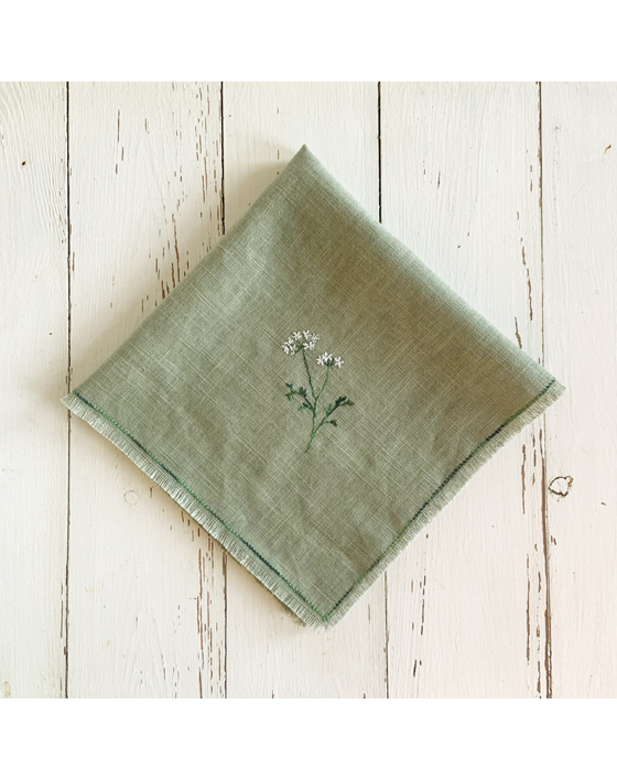 freehand machine embroidered linen napkin with herbs embroidered by sarah becvar