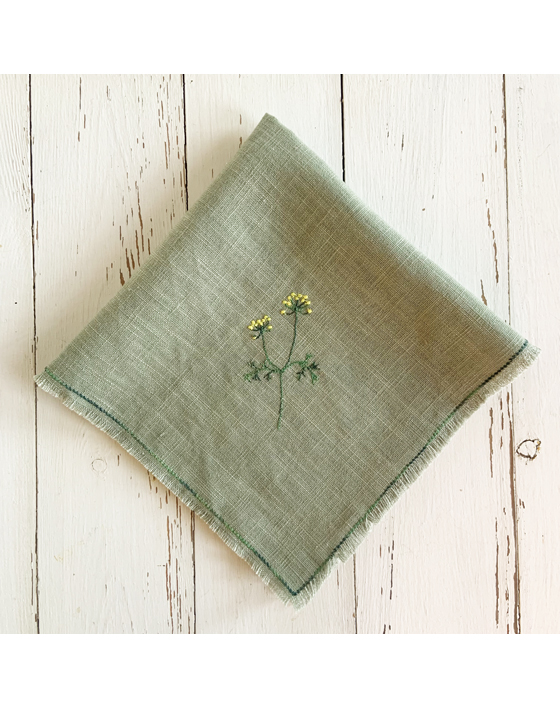 freehand machine embroidered linen napkin with herbs embroidered by sarah becvar