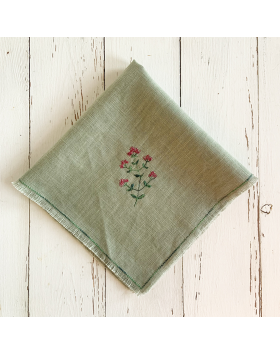 freehand machine embroidered linen napkin with herbs embroidered by sarah becvar