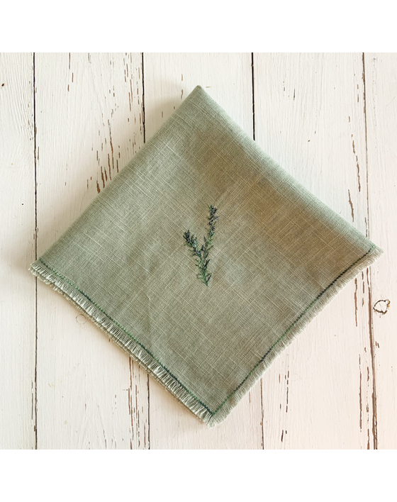 freehand machine embroidered linen napkin with herbs embroidered by sarah becvar