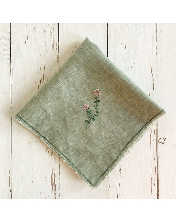 freehand machine embroidered linen napkin with herbs embroidered by sarah becvar